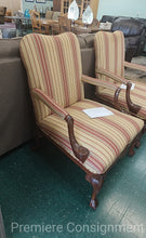 Load image into Gallery viewer, Striped Occasional Chair with Carved Wooden Accents, nailhead trim
