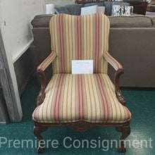 Load image into Gallery viewer, Striped Occasional Chair with Carved Wooden Accents and nailhead trim
