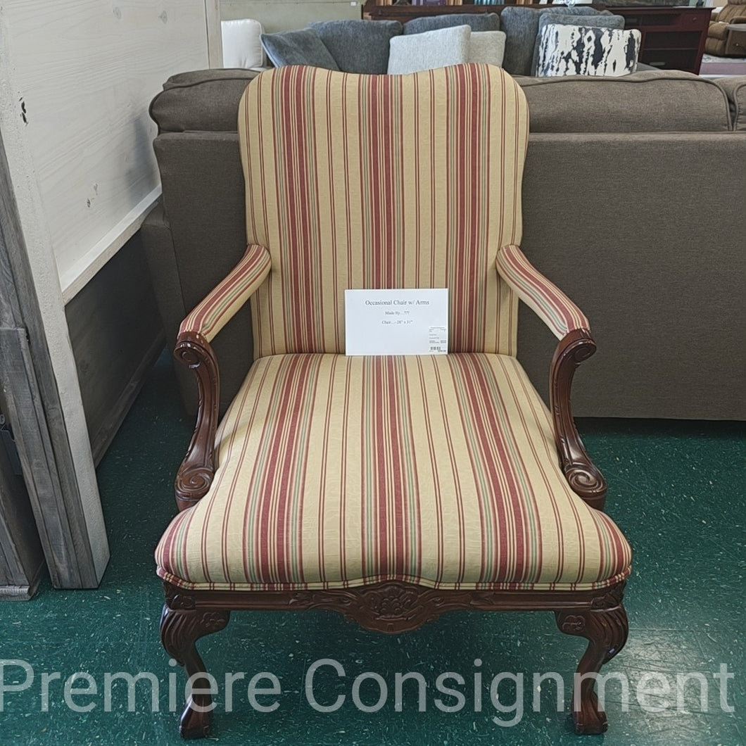 Striped Occasional Chair with Carved Wooden Accents and nailhead trim