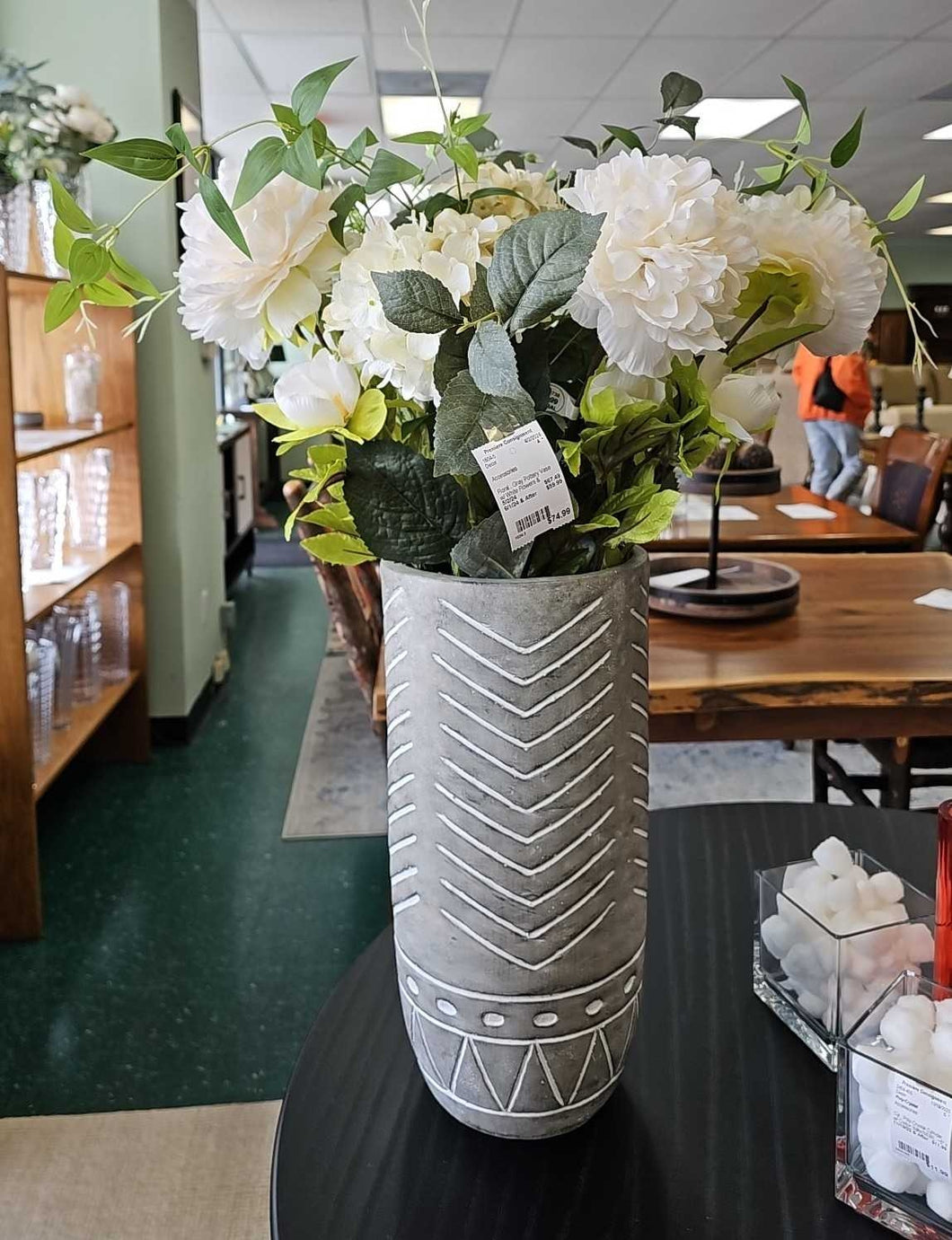 Gray Pottery Vase w/ White Flowers & Greenery