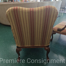 Load image into Gallery viewer, Striped Occasional Chair with Carved Wooden Accents, nailhead trim
