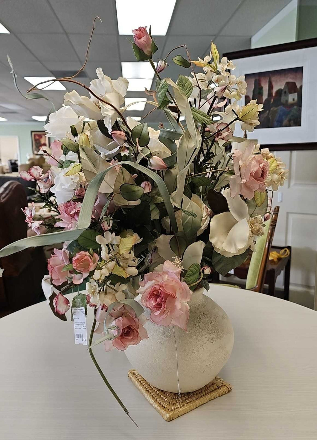 White Pottery Vase w/ White & Pink Flowers