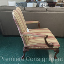 Load image into Gallery viewer, Striped Occasional Chair with Carved Wooden Accents and nailhead trim
