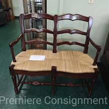 Load image into Gallery viewer, Carved Mahogany Ladder Back Rush Seat Bench

