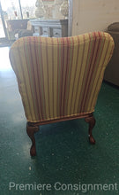 Load image into Gallery viewer, Striped Occasional Chair with Carved Wooden Accents, nailhead trim
