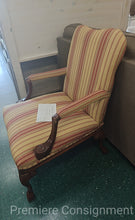 Load image into Gallery viewer, Striped Occasional Chair with Carved Wooden Accents, nailhead trim
