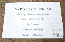 Load image into Gallery viewer, Six Piece &quot;Farm Table&quot; Set...table, chairs, bench...by Holzern
