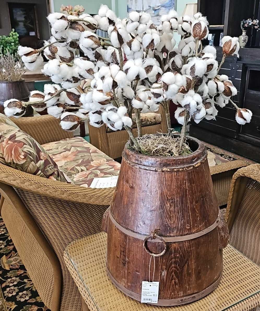 Wooden Keg / Vase w/ Cotton Plants