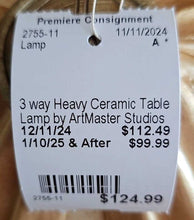 Load image into Gallery viewer, 3 way Heavy Ceramic Table Lamp by ArtMaster Studios
