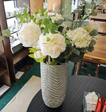 Load image into Gallery viewer, Gray Pottery Vase w/ White Flowers &amp; Greenery
