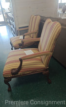 Load image into Gallery viewer, Striped Occasional Chair with Carved Wooden Accents, nailhead trim
