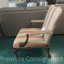 Load image into Gallery viewer, Striped Occasional Chair with Carved Wooden Accents and nailhead trim
